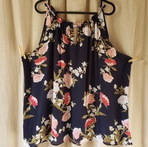 NY & Co. Navy floral gathered neck top